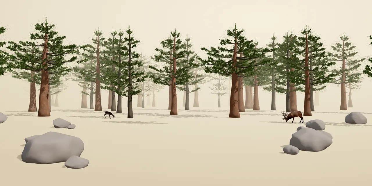 Ponderosa pines in warm afternoon haze, with granite boulders, a mule deer grazing on the left and a bull elk on the right.